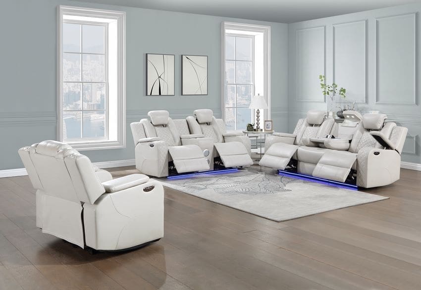 Radiant Power Reclining Sofa Set in GreyishWhite with LED Lights